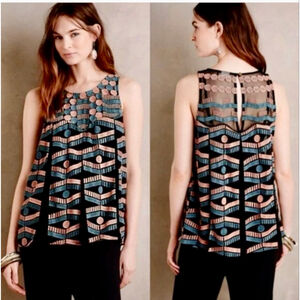 Anthropologie Akemi + Kin Kalila Embroidered Lace Inset Tank Top XS Black Peach